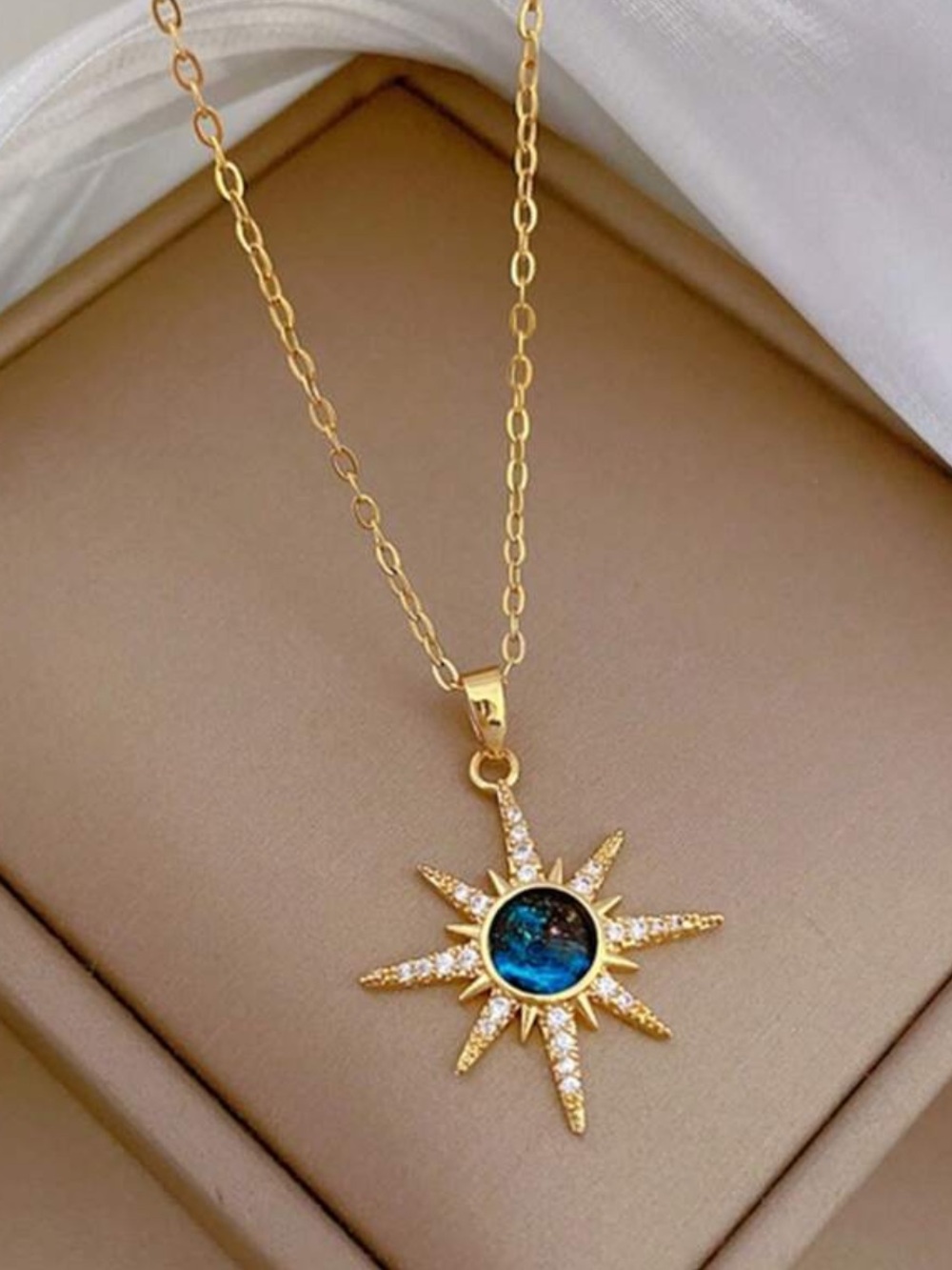Gold Sunburst Necklace with Blue Center - Women Jewelry